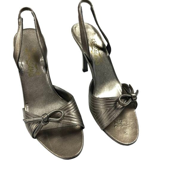Salvatore Ferragamo Heels Womens 9 Bronze Slingback Open Toe Leather Pumps - Picture 3 of 13